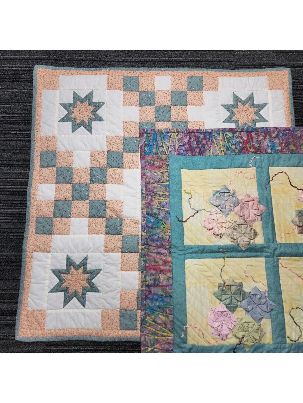 Lot of 2 Handmade Quilted Wall Hangings 24x24 Origami Flower & Patchwork Decor